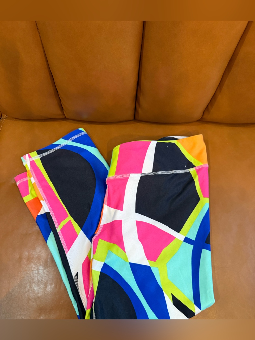 Fabletics Multi-Color Geometric Leggings - Pink, Blue, Lime, Black, White